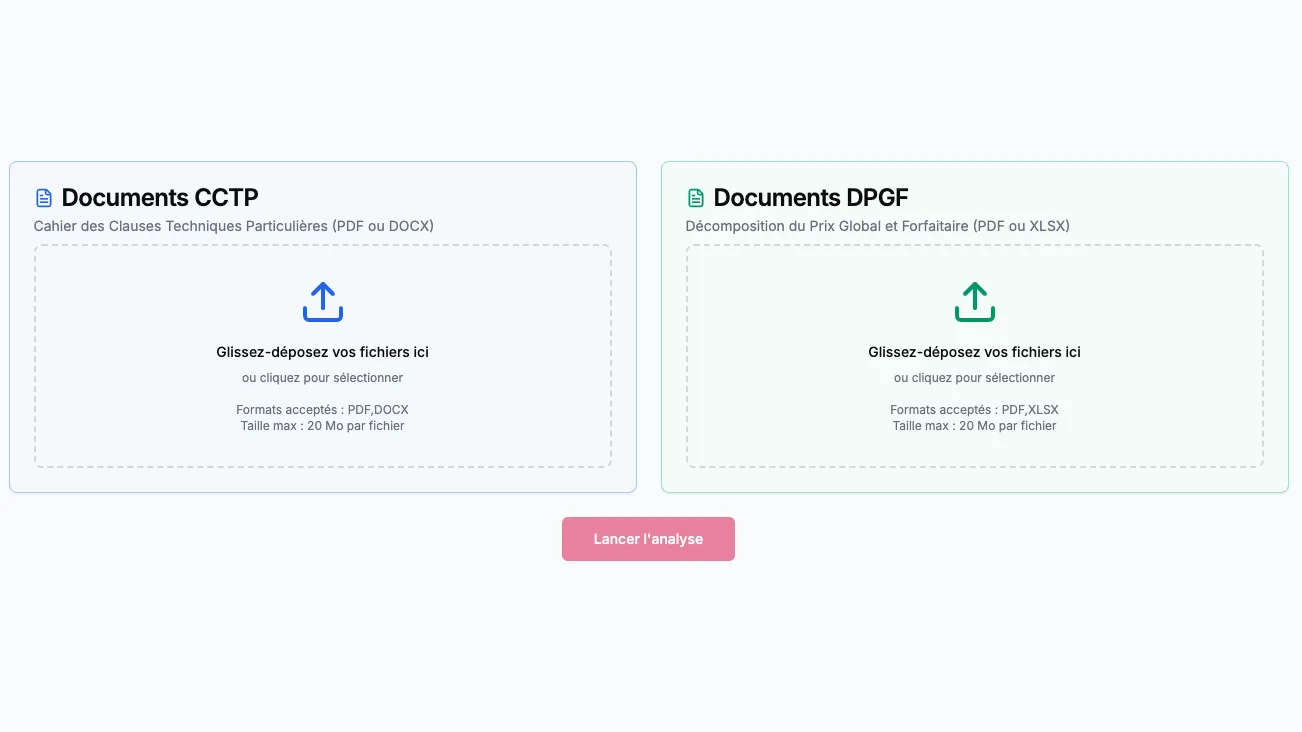 Outil de comparaison CCTP / DPGF : dépôt des documents avant l'analyse