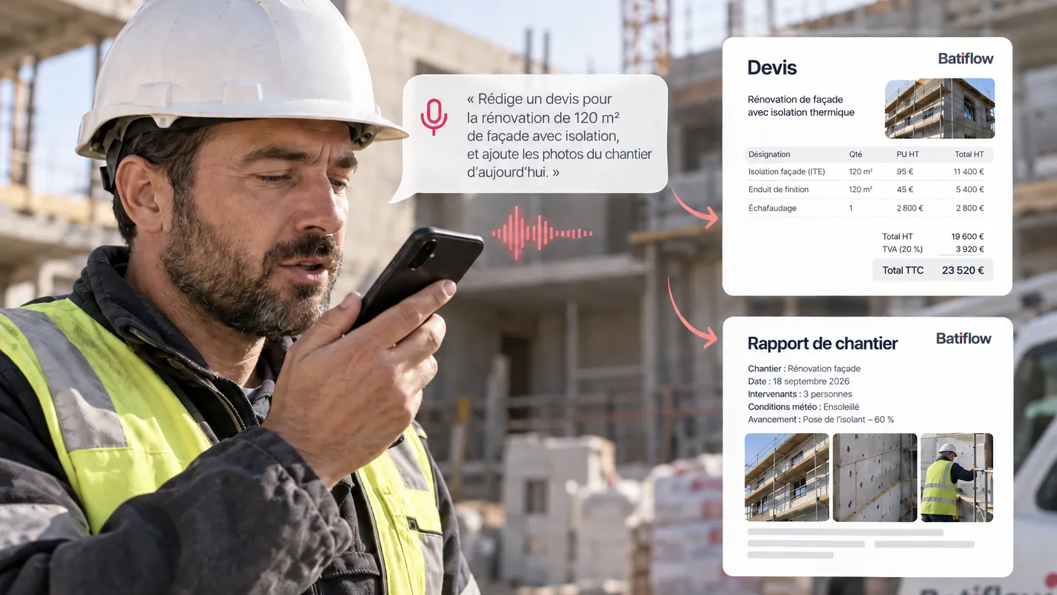 Illustration : un conducteur de travaux dicte sur le chantier, le devis et le rapport de chantier sont générés