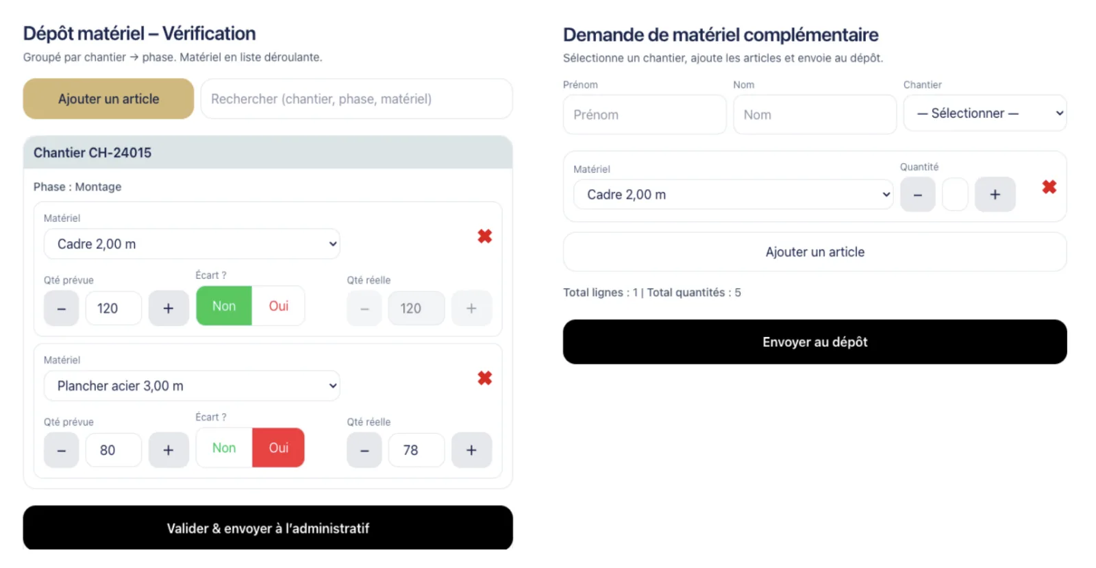 Vérification du dépôt de matériel par chantier et demande de matériel complémentaire envoyée à l'administratif