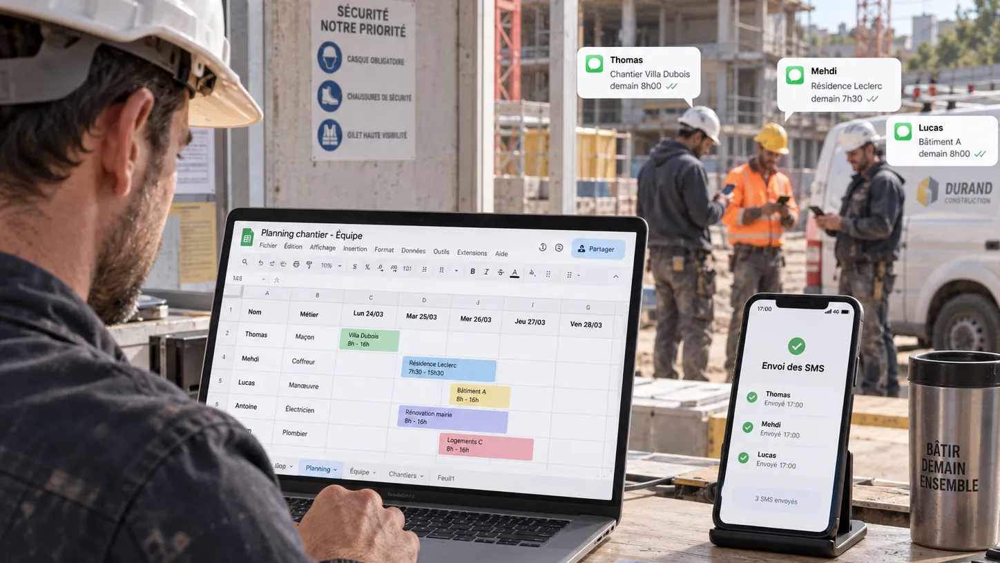 Illustration : planning de chantier dans Google Sheets et SMS envoyés aux ouvriers avec leur chantier du lendemain